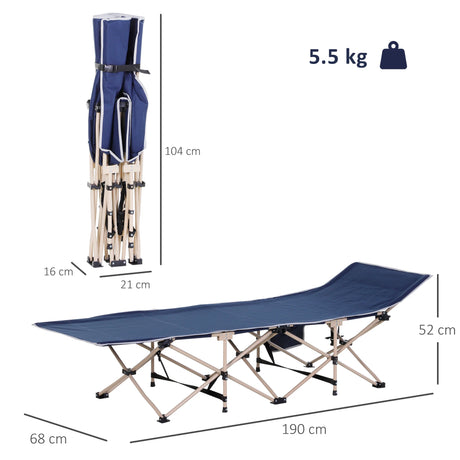 Outsunny Single Person Camping Bed Folding Cot Outdoor Patio Portable Military Sleeping Bed Travel Guest Leisure Fishing with Side Pocket and Carry Bag - Blue