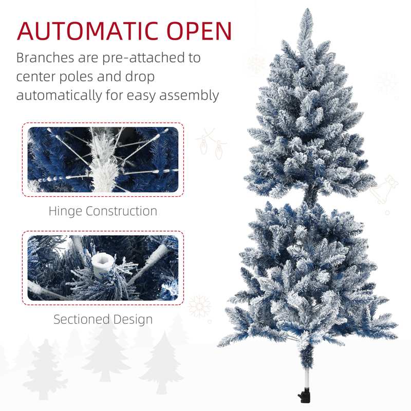 HOMCOM 5ft Flocked Artificial Christmas Tree with 450 Snow Frosted Tips, Metal Stand, Snowy Hinged Xmas Tree, Blue