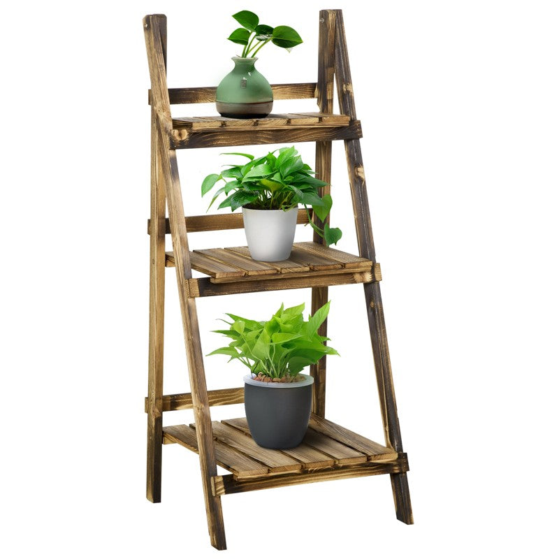 Outsunny Wooden Folding Flower Pot Stand 3 Tier Garden Planter Display Ladder Gardener Storage Shelves Rack Herb Holder (40L x 37W x 93H cm)