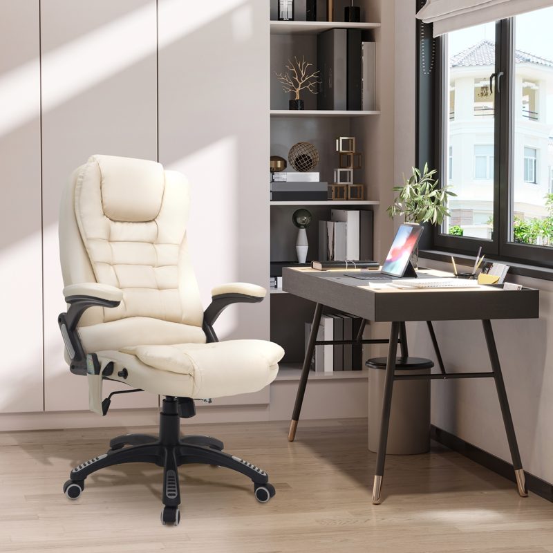 HOMCOM 6-Point Massage Office Chair with Seat Heated for Home Office, PU Leather High Back Executive Desk Chair with Adjustable Height and 360 Swivel for Work Study, Beige