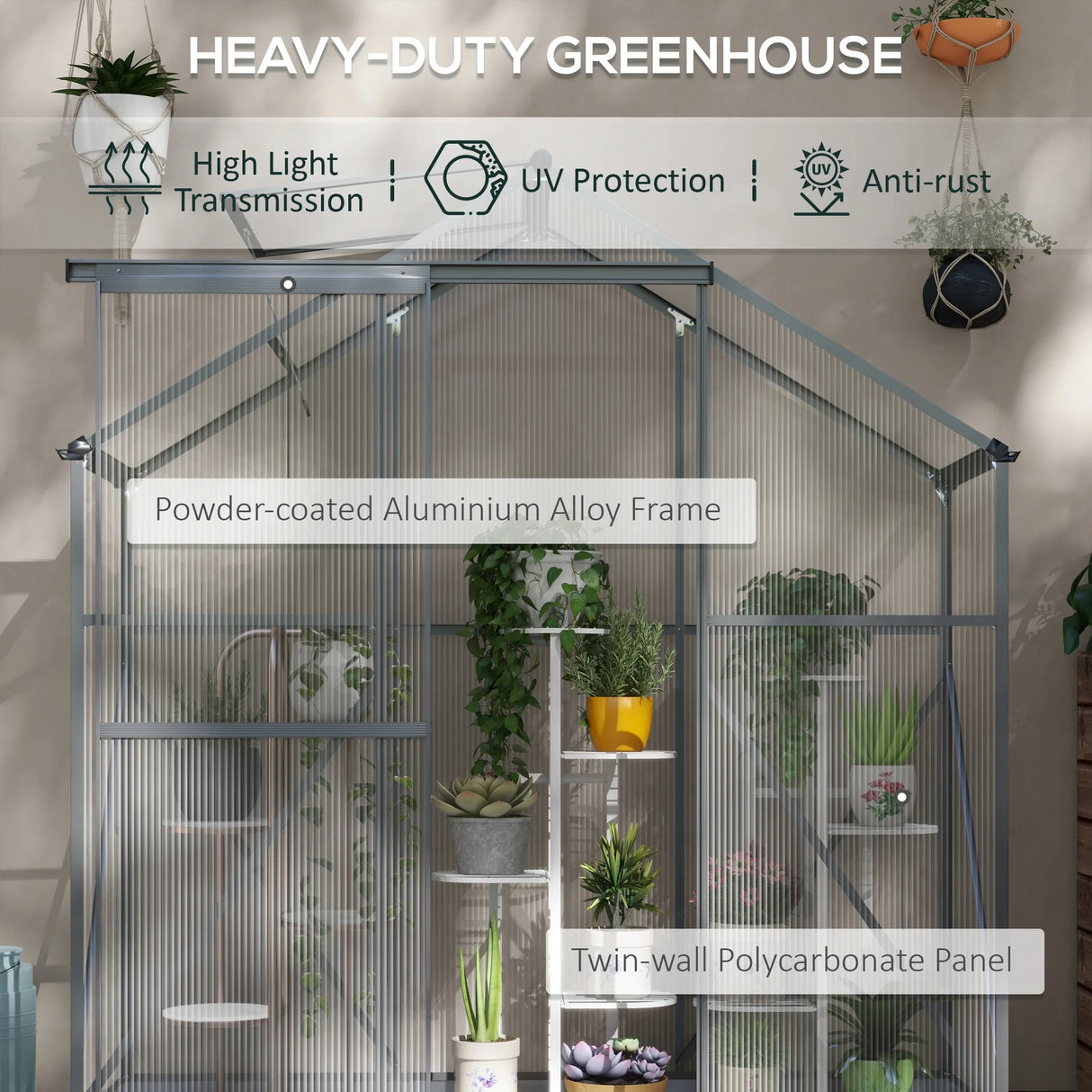Outsunny 6 x 2.5ft Polycarbonate Greenhouse Walk-In Green House with Rain Gutter, Sliding Door, Window, Foundation, Dark Grey