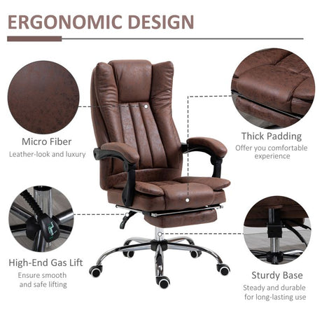 Vinsetto Home Office Chair Microfibre Desk Chair with Reclining Function Armrests Swivel Wheels Footrest Brown