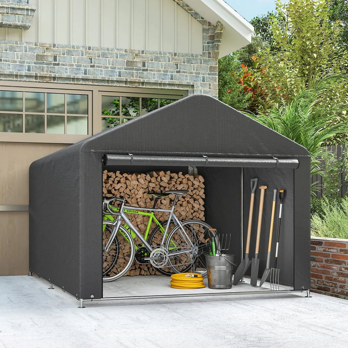 Outsunny 6.6 x 7.8ft Outdoor Garden Storage Shed, Waterproof Bike Tent with Roll-up Zipper Door, Galvanised Metal Frame, Portable Shed Shelter Carport for Motorcycle Garden Tools, Dark Grey