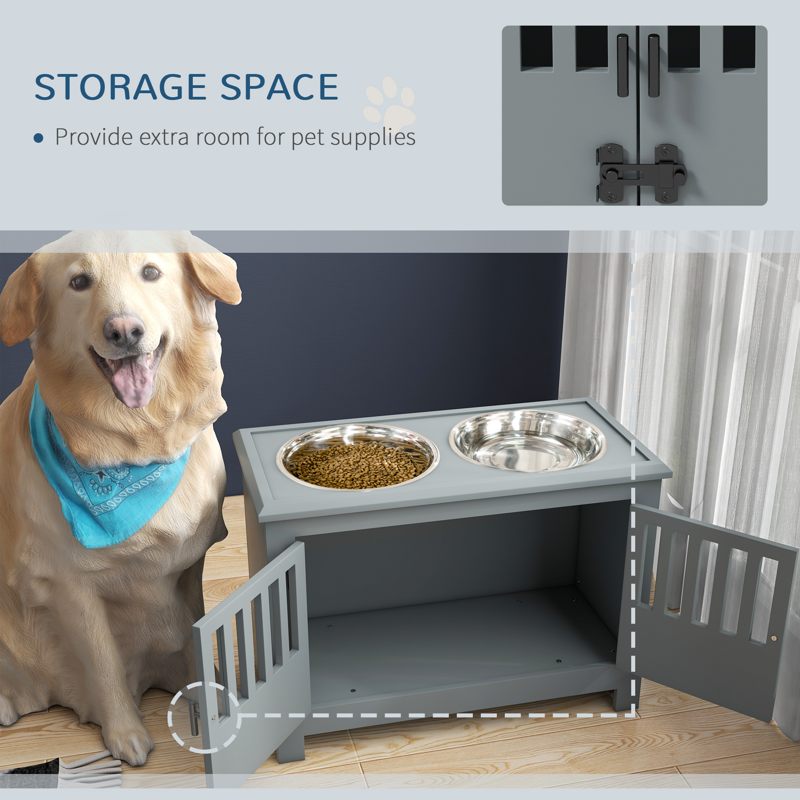 PawHut Raised Dog Bowls, Pet Feeding Station, with Storage, Food and Water Bowls, for Large Dogs - Grey