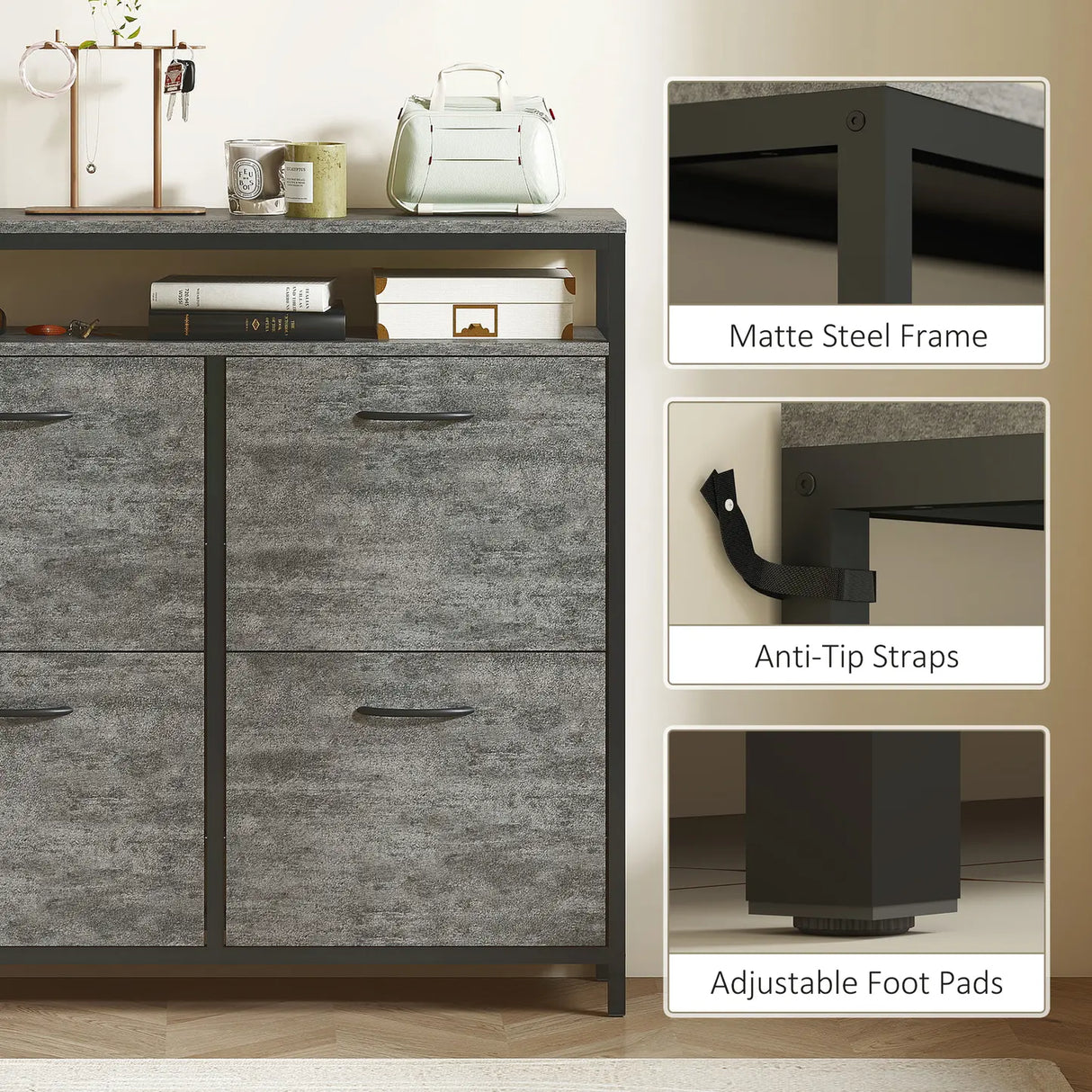 HOMCOM Shoe Storage Cabinet with 4 Flip Drawers and Open Shelf - Cement Grey