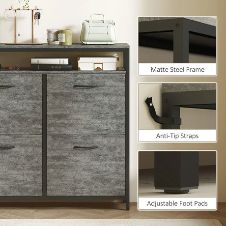 HOMCOM Shoe Storage Cabinet with 4 Flip Drawers and Open Shelf - Cement Grey