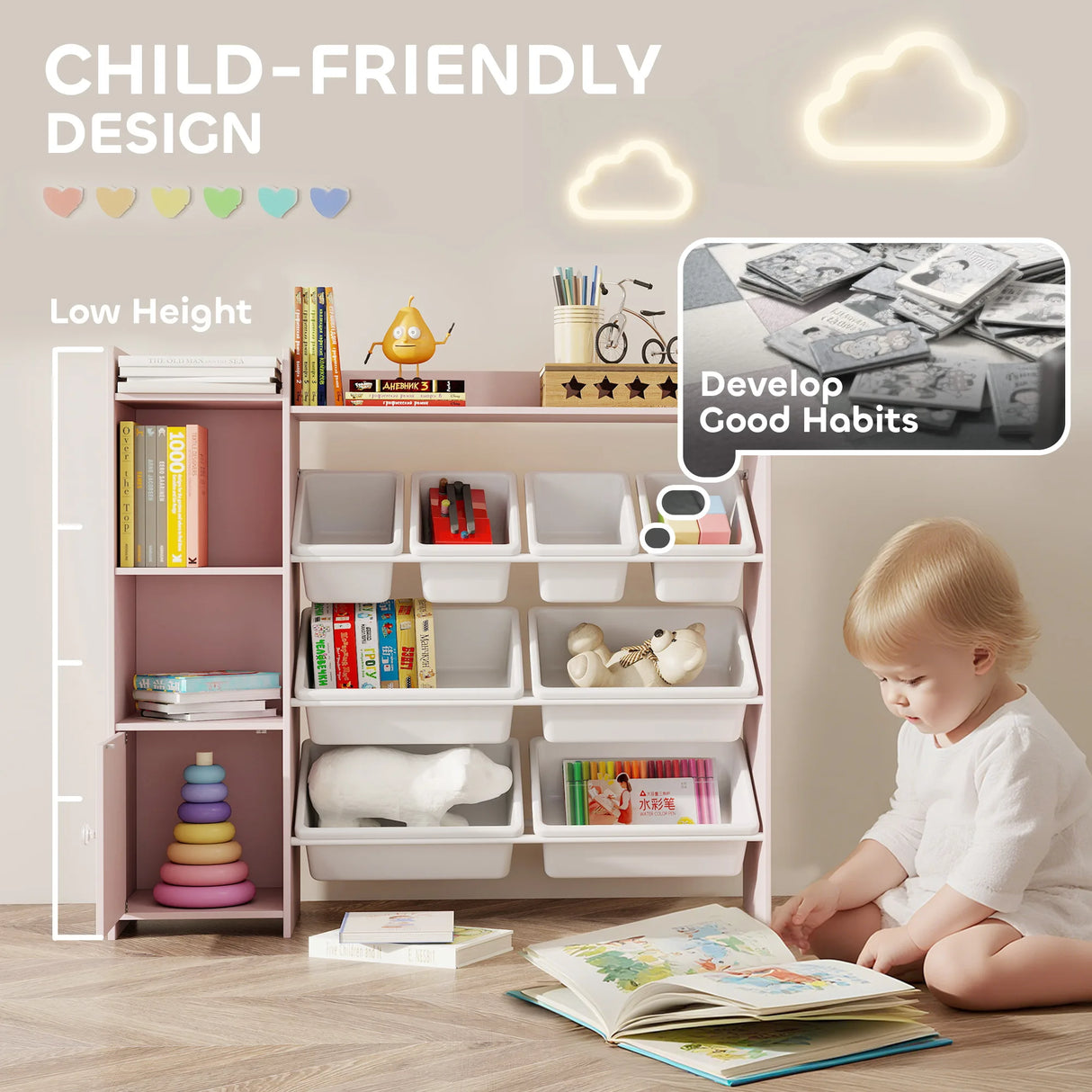 AIYAPLAY Toy Storage Unit with 8 Removable Bins, Storage Shelves, Cabinet, Pink