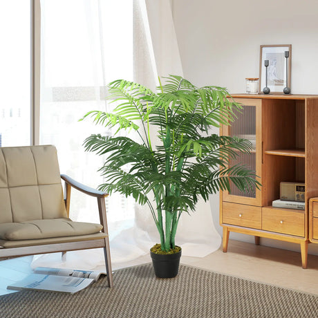 Outsunny 125cm/4FT Artificial Palm Plant Decorative Tree with Nursery Pot, Fake Plastic Indoor Home Office Dcor, Green
