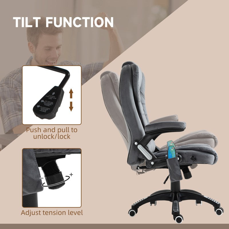 Vinsetto Massage Recliner Chair Heated Office Chair with Six Massage Points Velvet-Feel Fabric 360 Swivel Wheels Grey