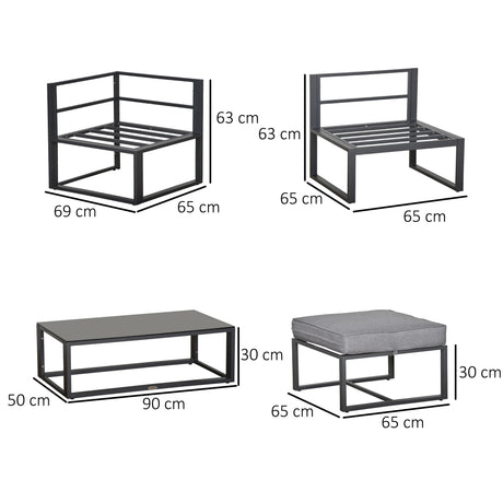 Outsunny 5 Pieces Outdoor Patio Furniture Set, Sofa Couch with Glass Coffee Table, Cushioned Chairs and Aluminum Tube, for Balcony Garden Backyard, Grey