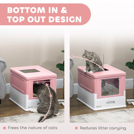 PawHut Hooded Cat Litter Box, Portable Pet Toilet, with Scoop, Front Entry - Pink
