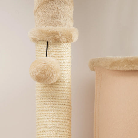 PawHut 132cm Cat Tree w/ Scratching Posts, Pad, Cat Bed, Cat House, Jumping Platform, Grooming Brush, Anti-Tip Kit, Beige