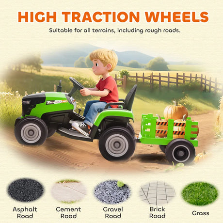 AIYAPLAY 12V Ride on Tractor and Trailer with Remote Control, Music, Shifter, Start-Up Sound, for Kids Ages 3-8 Years, Green