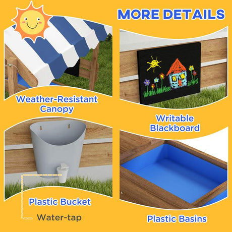 Outsunny House-Designed Wooden Sandbox, Outdoor Sandpit, with Blackboard, Toys, Sink, Seats, Flags, for Ages 3-7 Years - Brown