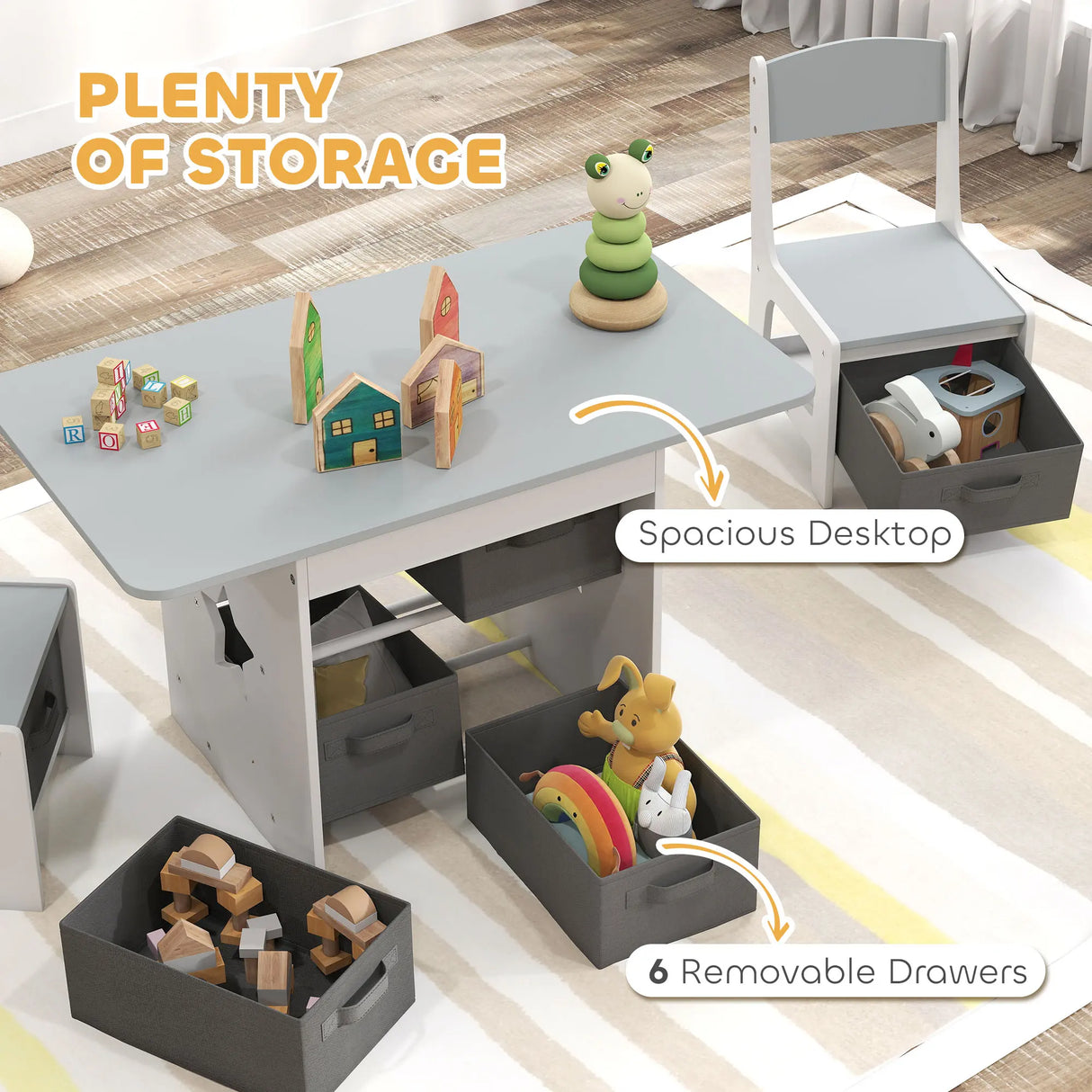 AIYAPLAY Kids Table and Chair Set, Toddler Table and 2 Chairs Set with 6 Removable Drawers, for Boys Girls Ages 3-8, Light Grey