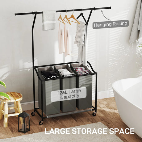 HOMCOM 3x 42L Laundry Basket Unit, with Hanging Rail - Black/Grey