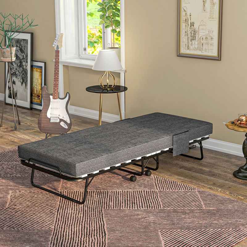 HOMCOM Single Steel Frame Folding Bed, with Wheels - Black/Grey