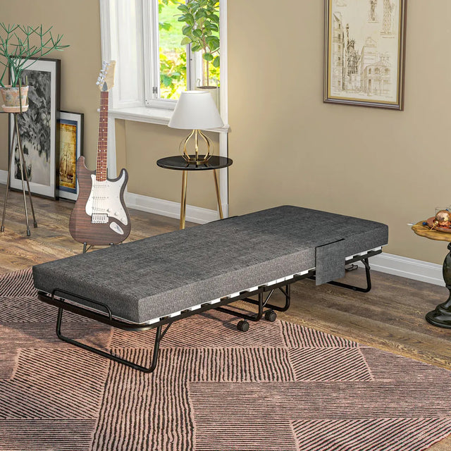 HOMCOM Single Steel Frame Folding Bed, with Wheels - Black/Grey