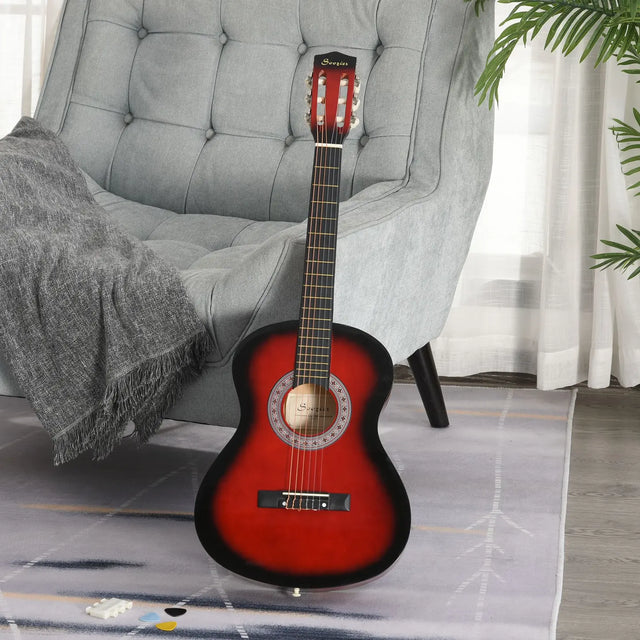 HOMCOM 36" 3/4 Beginner Acoustic Guitar Set, with Protective Case, Red