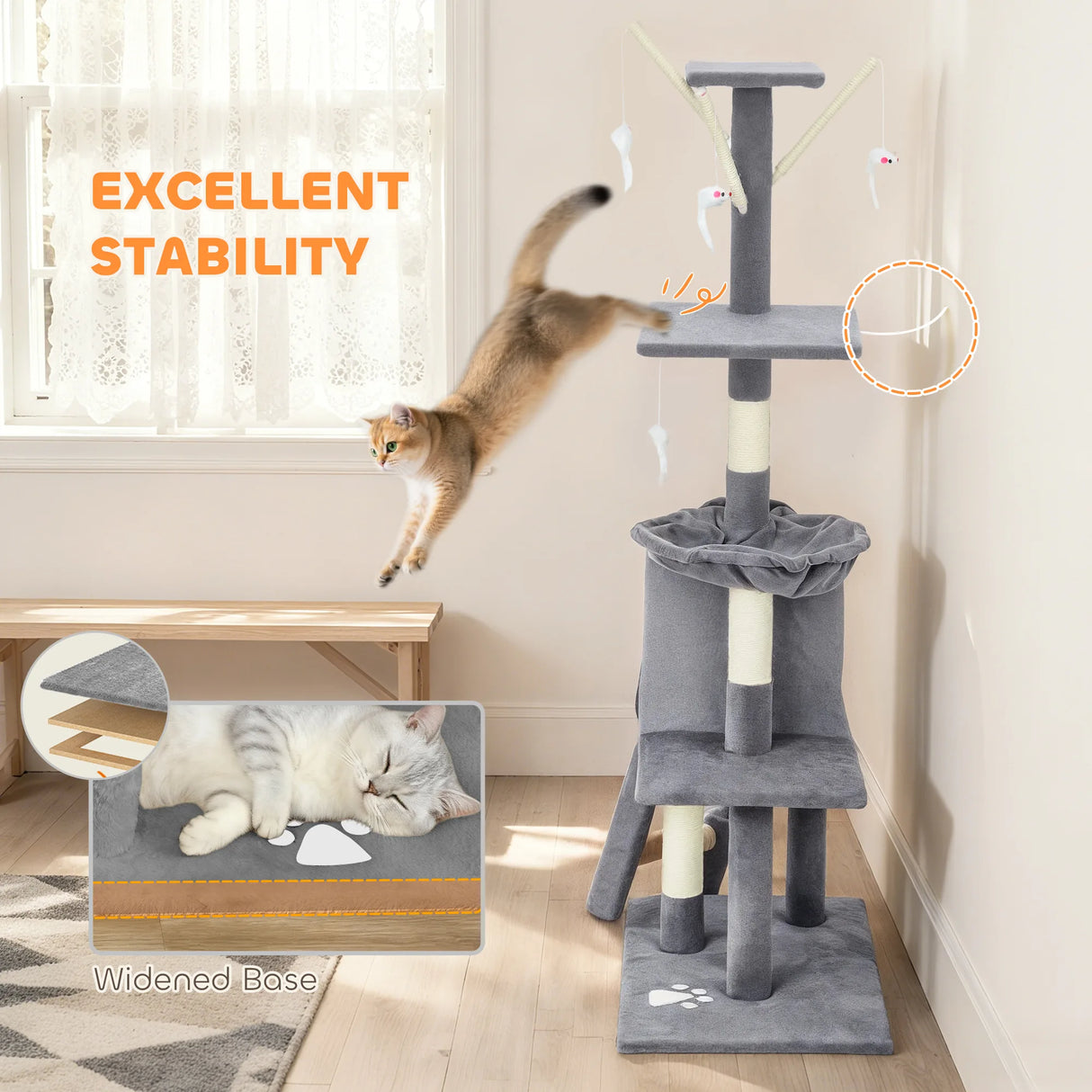 PawHut Multi-Level Cat Tower, 134cm Cat Tree with Condo and Sisal Scratching Posts for Indoor Kittens, Grey