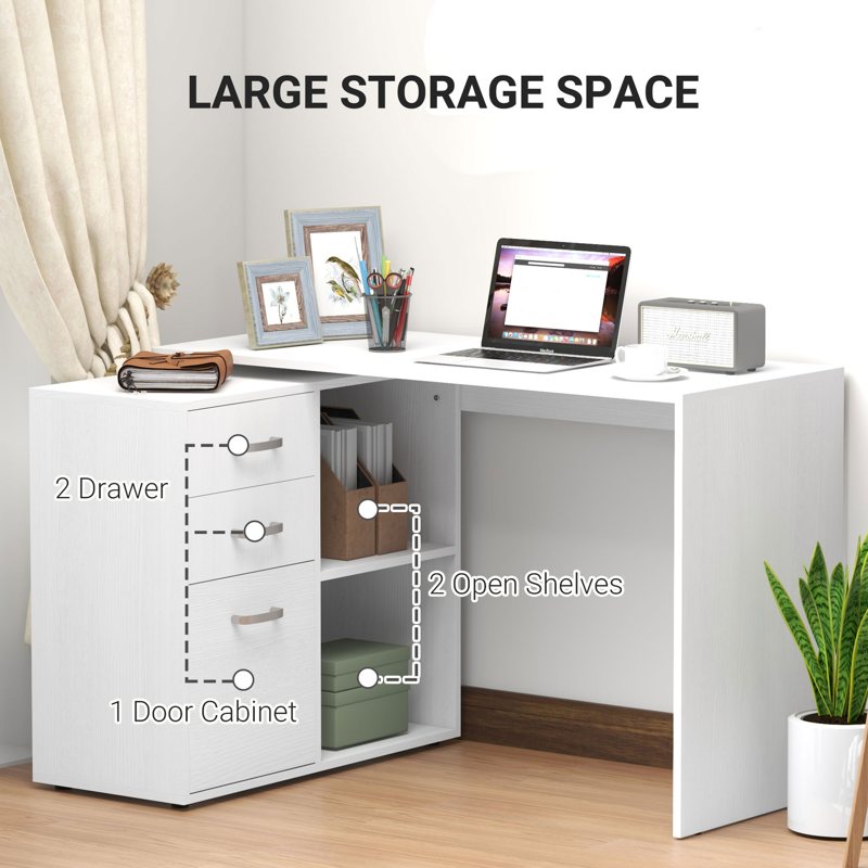 HOMCOM L-Shaped Computer Desk, 2 Shaped Corner Desk with Drawers, File Cabinet and Storage Shelves, Home Office Desk, 117 x 83.5 x 76cm, White