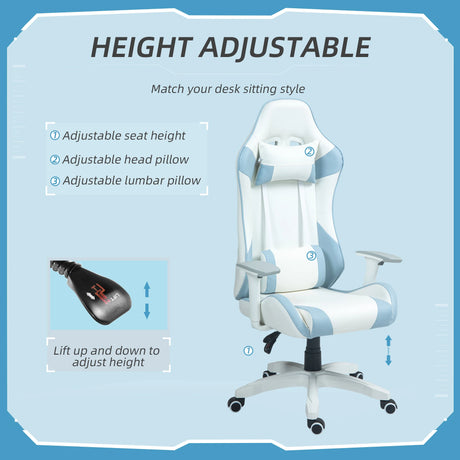 HOMCOM Faux Leather Colour Block Gaming Chair, with 135 Reclining Back - Blue/White