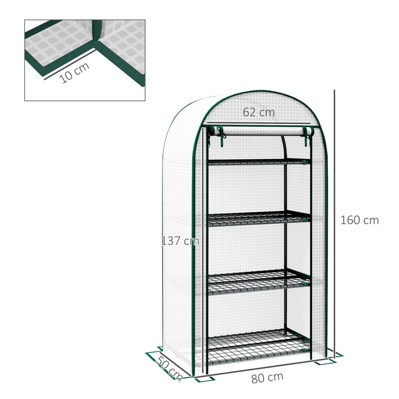 Outsunny 80 x 49 x 160cm Mini Greenhouse for Outdoor, Portable Gardening Plant Green House with Storage Shelf, Roll-Up Zippered Door, Metal Frame and PE Cover, White