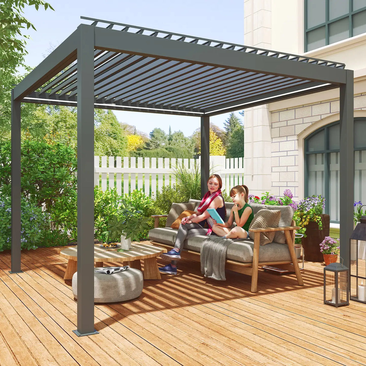 Outsunny 3 x 3(m) Electric Louvered Pergola with LED Lights, Aluminium Pergola Hardtop Gazebo with Remote, Adjustable Roof and Drainage System, Water and UV Proof