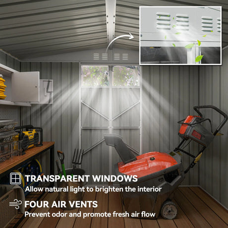 Outsunny 8 x 4 ft Metal Garden Shed, Garden Storage Shed with Window, 4 Vents and Lockable Door, Waterproof Galvanised Steel Tool Storage Cabinet, Dark Grey