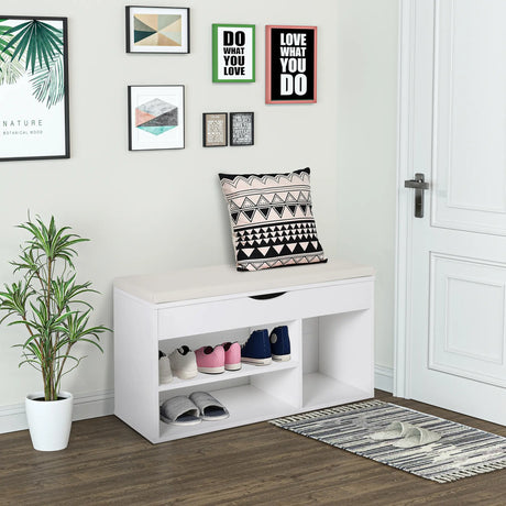 HOMCOM Wooden Shoes Cabinet Bench Hidden Storage Padded Seat Organiser Footwear Rack Hallway White 80 x 30 x 47 cm