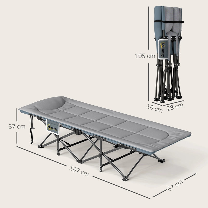 Outsunny Folding Camping Bed for Adults with Cushion, Heavy Duty Portable Travel Camping Cot with Headrest, Side Pocket and Non-Slip Foot Pads for Outdoor Beach Travel Office, Grey