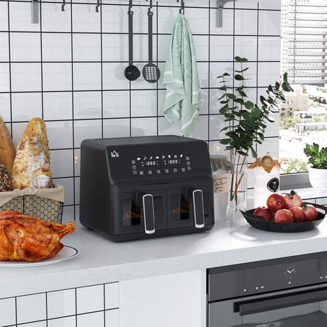 HOMCOM 8L Dual Basket Air Fryer, 8-in-1 Air Fryer Oven with Digital Display, Visible, Timer, Preheat for Oil Free Low Fat Cooking, 2500W, Sync Finish, Sliver