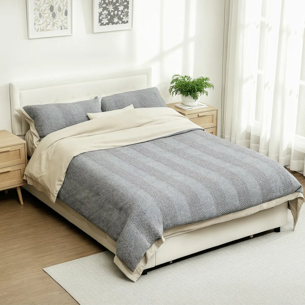 HOMCOM Double Ottoman Bed Frame, with Front Drawer - Cream