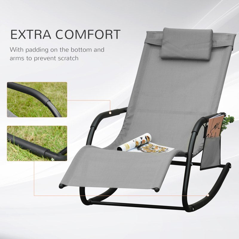 Outsunny Outdoor Garden Rocking Chair, Patio Sun Lounger Rocker Chair with Breathable Mesh Fabric, Removable Headrest Pillow, Armrest, Side Storage Bag, Grey