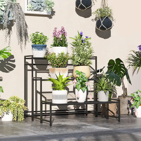 Outsunny Three-Tier Metal Plant Shelf - Black