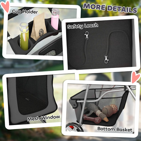 PawHut Dog Pram, Pet Stroller with Reflective Strips, Foldable Cat Stroller with 360 Swivel Wheels, Dark Grey