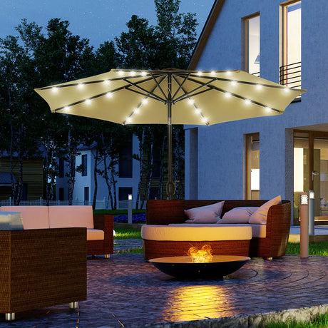 Outsunny 2.7m Patio Garden Umbrella Outdoor Parasol with Tilt Crank and 24 LEDs Lights (Brown)