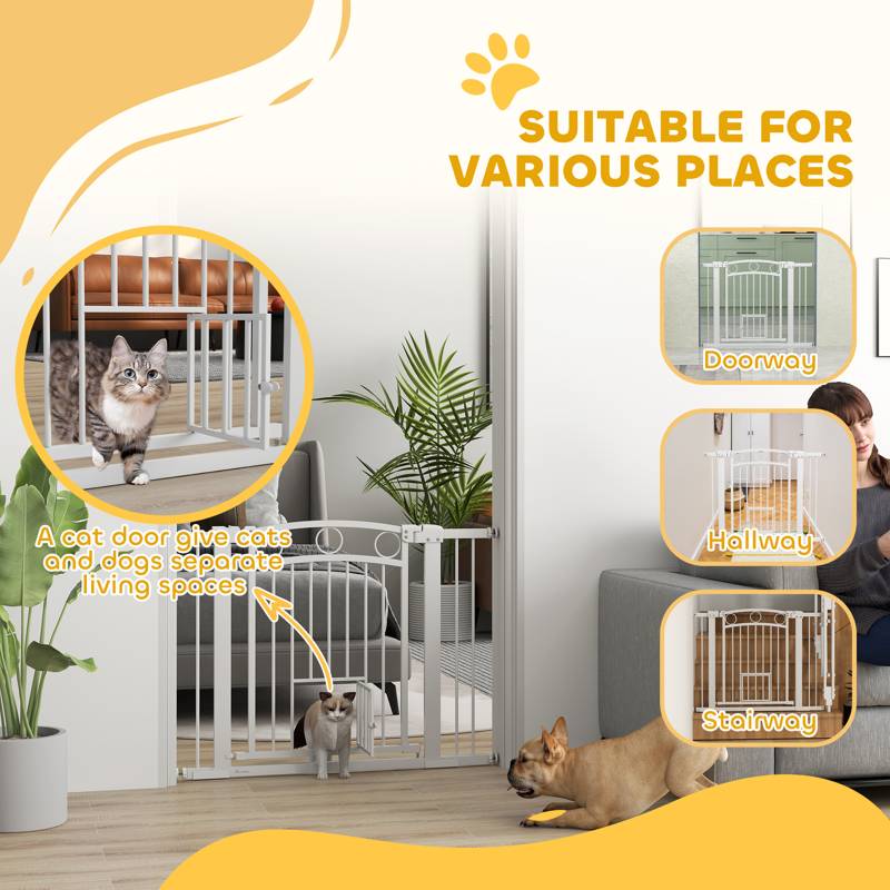 PawHut 77cm Tall Dog Gate with Cat Door, 7cm and 14cm Extensions, for Stairs, Doorways, 76-104cm Width