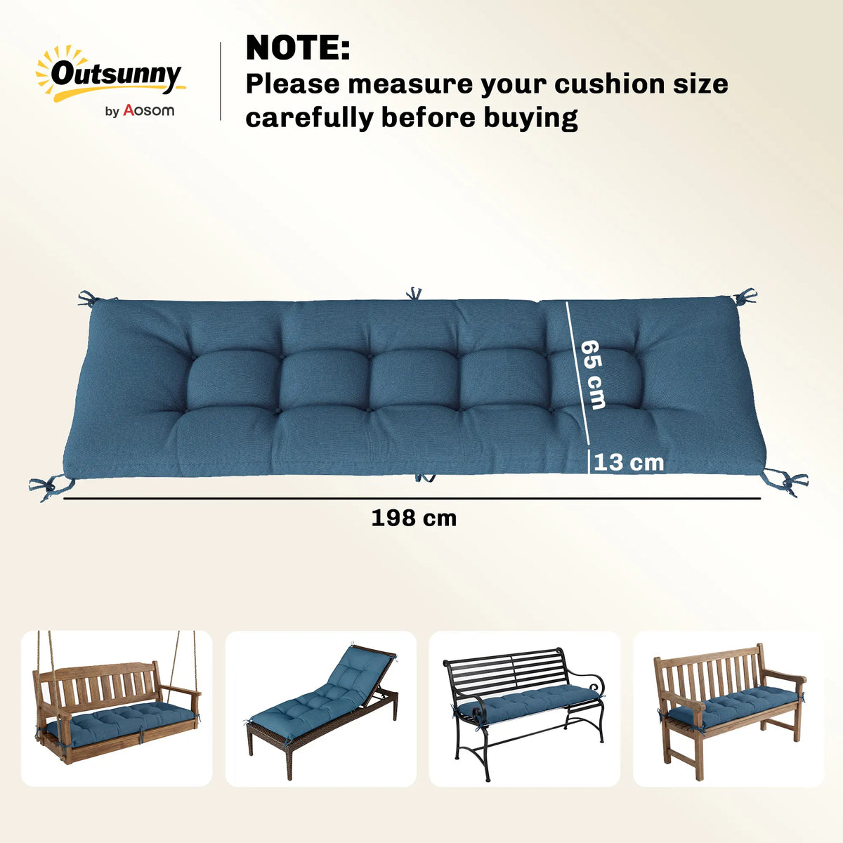 Outsunny Sun Lounger Cushion, Memory Foam Patio Chair Cushion with Ties, Outdoor Seat Pad Fits 190 x 60 cm Lounger, Blue