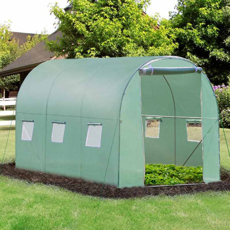 Outsunny Walk-in Polytunnel Greenhouse, Outdoor Garden Tunnel Greenhouse Tent with Zipped Roll-Up Door and 6 Mesh Windows, 3 x 2M