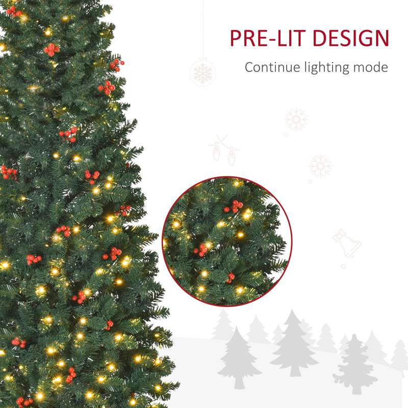 HOMCOM 6FT Prelit Artificial Pencil Christmas Tree with Warm White LED Light, Red Berry, Holiday Home Xmas Decoration, Green