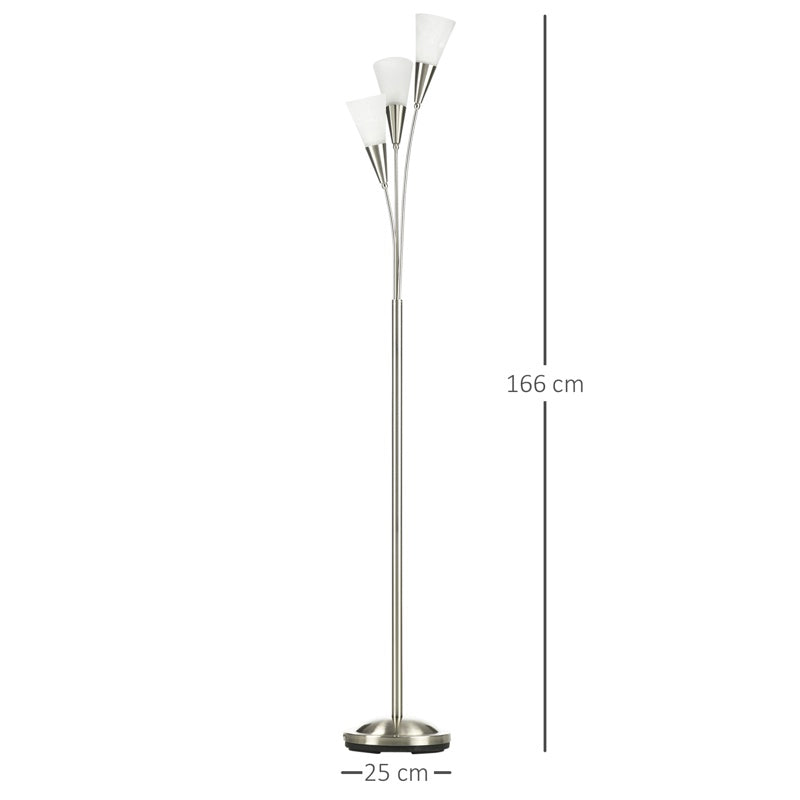 HOMCOM 3-Light Upright Floor Lamps for Living Room, Modern Standing Lamp for Bedroom with Steel Base, Bulb not Included, Silver