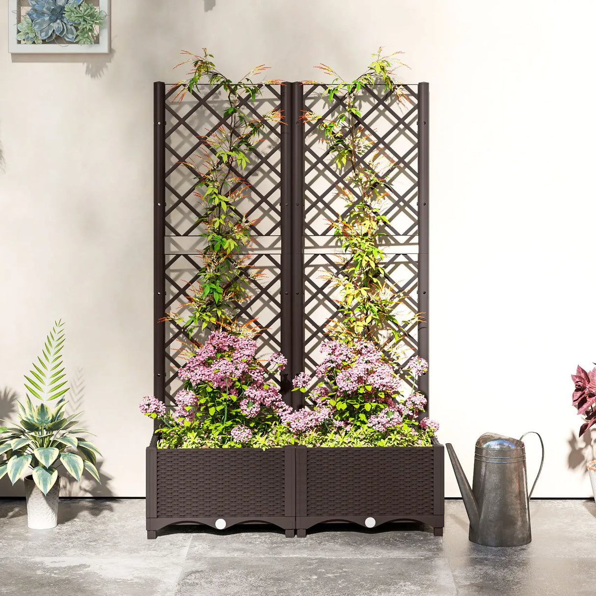 Outsunny Raised Garden Bed with Trellis, Plastic Planter Box with Drainage Holes, Drain Plugs and Water Reservoirs for Climbing Plants, Vegetables, Flowers, Brown