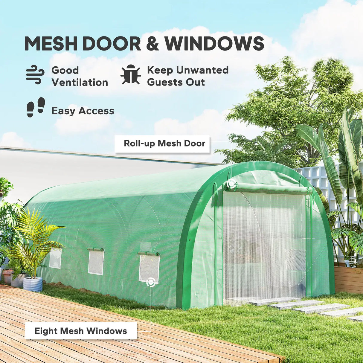 Outsunny 6 x 3(m) Polytunnel Greenhouse with Upgraded Structure, Mesh Door and Windows, 15 Plant Labels, Green