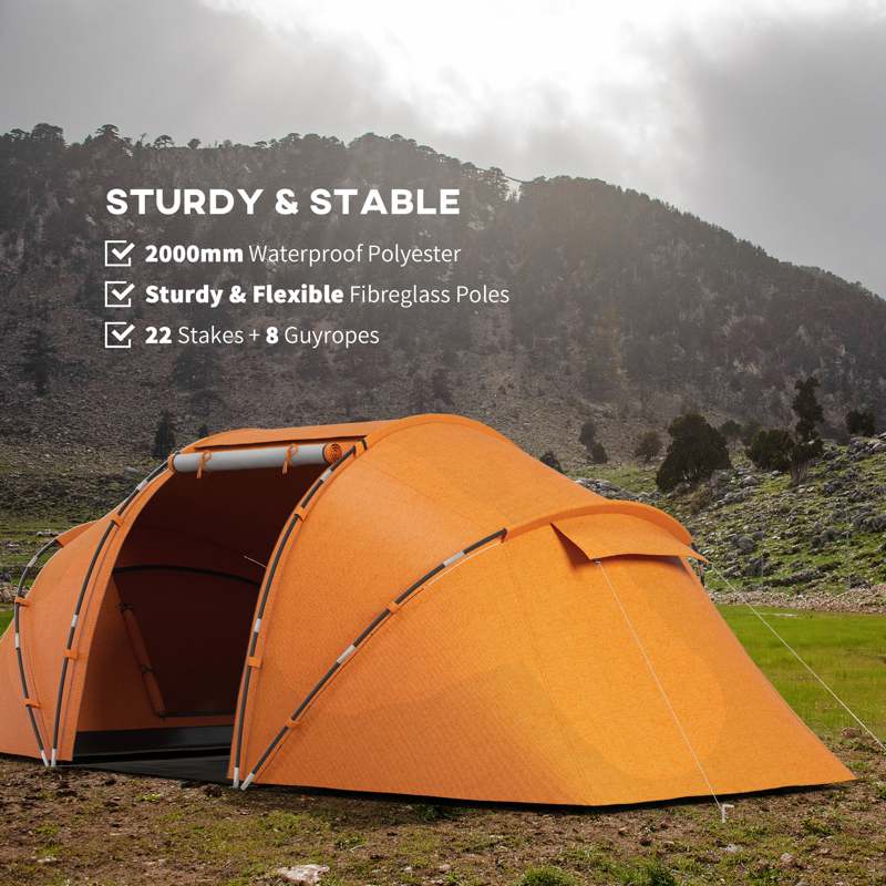 Outsunny 4-6 Man Camping Tent w/ Two Bedroom, Hiking Sun Shelter, UV Protection Tunnel Tent, Orange