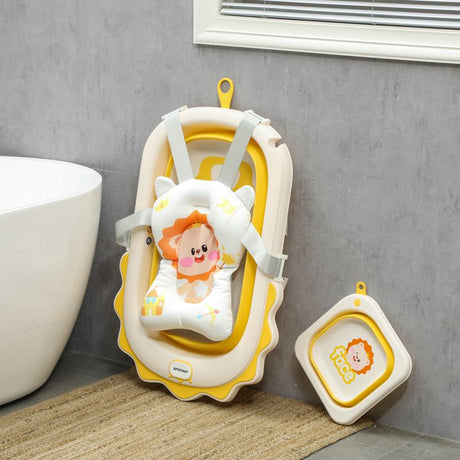 AIYAPLAY Foldable Baby Bath Tub Set with Bath Cushion, Wash Basin, Non-slip Stand & Bottom, Yellow