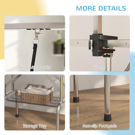 PawHut 42" Dog Grooming Table, Adjustable Pet Cat Drying Beauty Table with 2 Loops Storage Basket, Rubber Top, Blue