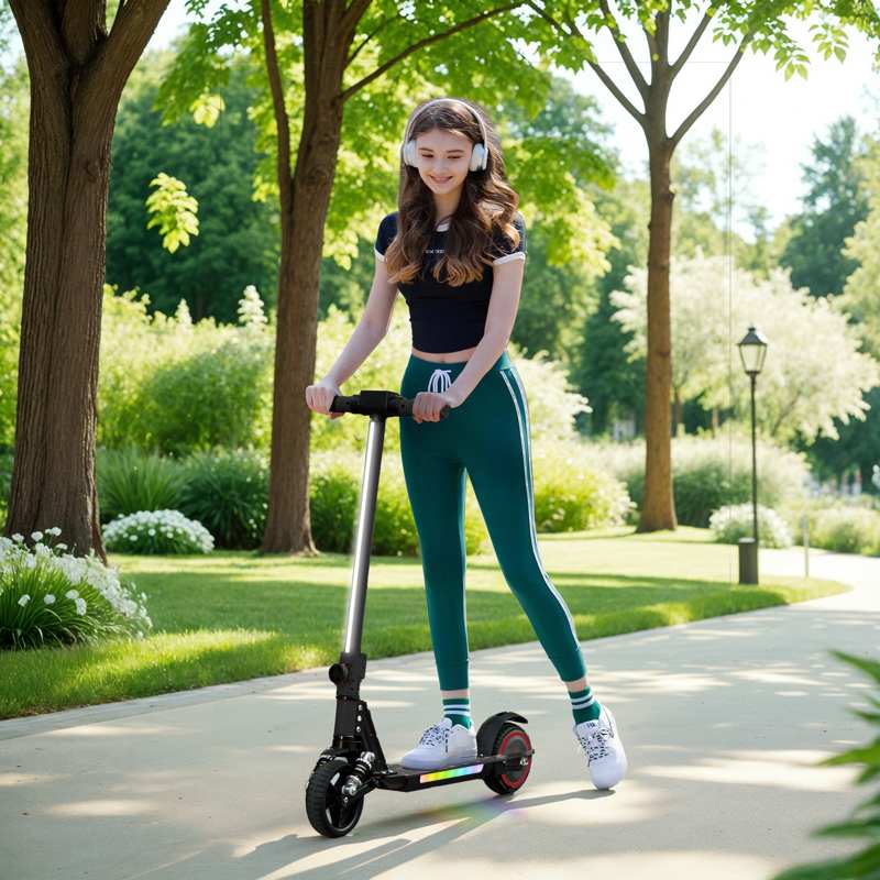 SPORTNOW Folding Electric Scooter for Kids Age 6-14 with Dual Brakes, Front Suspension, LED Colourful Lights and Display, 6.8kg Lightweight Aluminium E Scooter, Up to 14 KM/H & 6 KM, Black