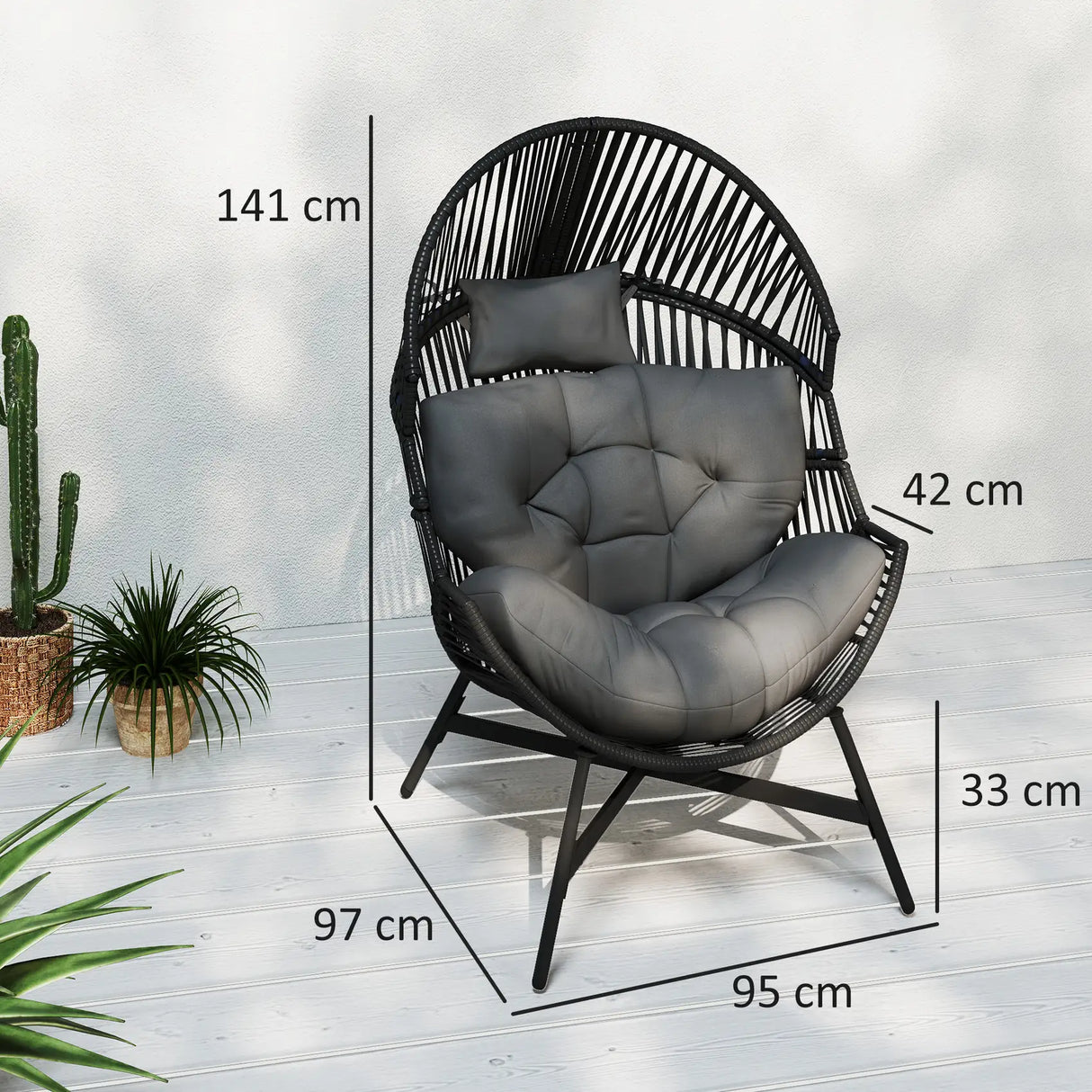 Outsunny Rattan Egg Chair, Oversized Freestanding Garden Egg Chair with Thick Tufted Cushion, Headrest, Steel Frame for Indoor and Outdoor Use, Charcoal Grey