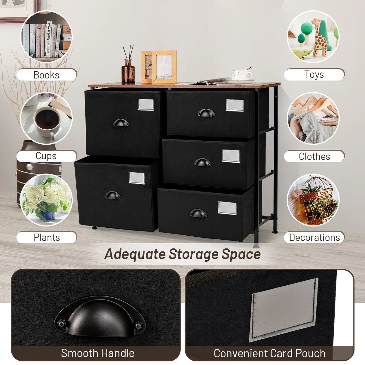 5-Drawer Storage Dresser for Bedroom Closet Entryway-Black